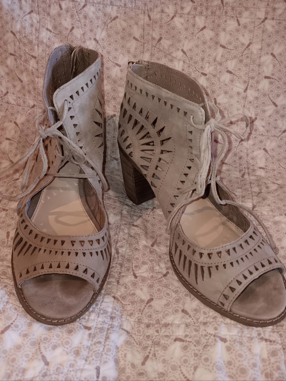 Vince Camuto Taupe Laser-Cut Lace-Up Block Heel Sandals
